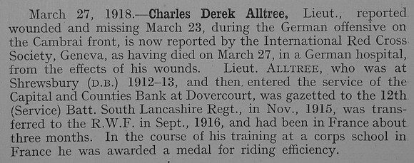 Alltree C D Lt 9th Royal Welsh Fusiliers Obit Shrewsbury School Roll Of Service