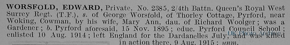 Worsfold E Pte 2385 4th Queens Royal West Surrey Regiment Obit De Ruvignys Roll Of Honour Vol 1