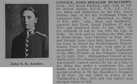 Anstice J S R Lt 2nd Royal Fusiliers Obit