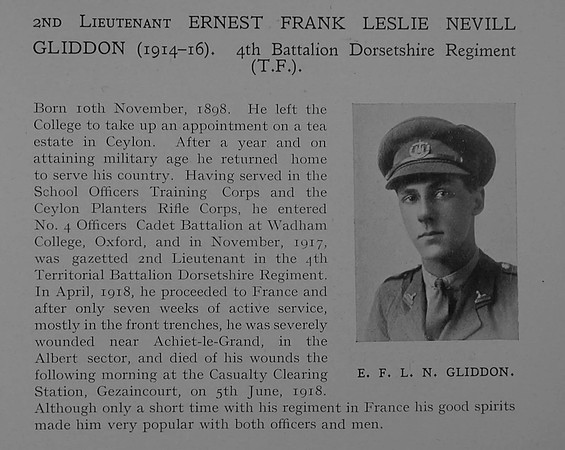 Gliddon E F L N 2nd Lt 4th Dorset Regiment Obit Dulwich College Roll Of Honour