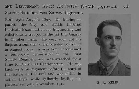 Kemp E A 2nd Lt 7th East Surrey Regiment Obit Dulwich College Roll Of Honour