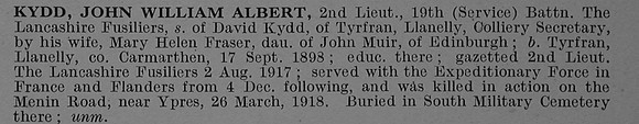 Kydd J W A 2nd Lt 19th Lancashire Fusiliers Obit De Ruvignys Roll Of Honour Vol 4