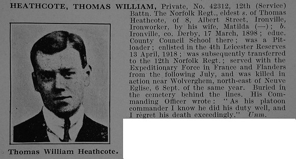Heathcote T W Pte 42312 12th Norfolk Regiment Obit De Ruvignys Roll Of Honour Vol 5