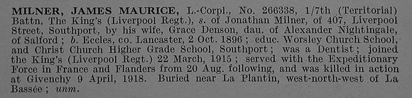 Milner J M L/Cpl 266338 7th Kings Liverpool Regiment Obit De Ruvignys Roll Of Honour Vol 4