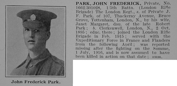 Park J F Pte 5th London Regt Obit De Ruvignys Roll Of Honour Vol 5