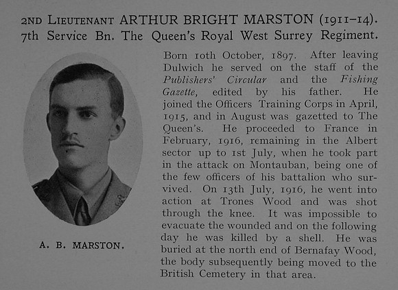 Marston A B 2nd Lt 7th Queens Royal West Surrey Regiment Obit Dulwich College Roll Of Honour