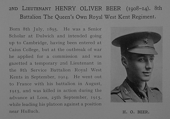 Beer H O 2nd Lt 8th Queens Own Royal West Kent Regiment Obit Dulwich College Roll Of Honour