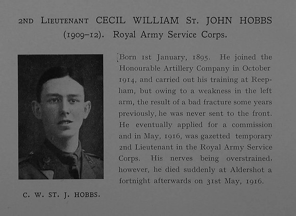 Hobbs C W St J 2nd Lt Army Service Corps Obit Dulwich College Roll Of Honour