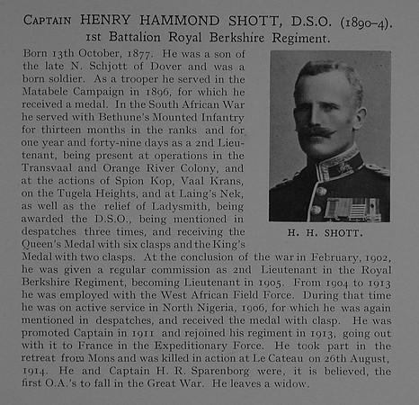 Shott H H Captain DSO 1st Royal Berkshire Regiment Obit Dulwich College Roll Of Honour