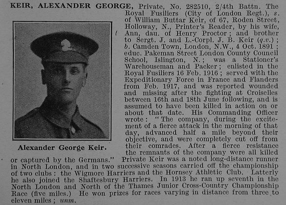 Keir A G Pte 282510 4th London Regiment Obit De Ruvignys Roll Of Honour Vol 4