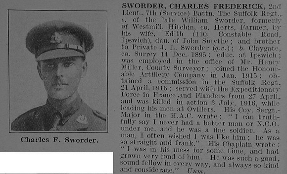 Sworder C F 2nd Lt 7th Suffolk Regiment Obit De Ruvignys Roll Of Honour Vol 3