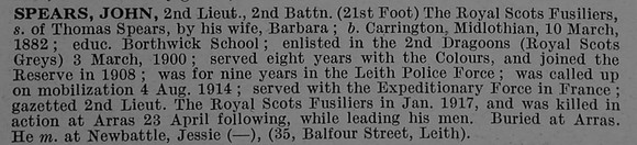 Spears J 2nd Lt 2nd Royal Scots Fusiliers Obit De Ruvignys Roll Of Honour Vol 4