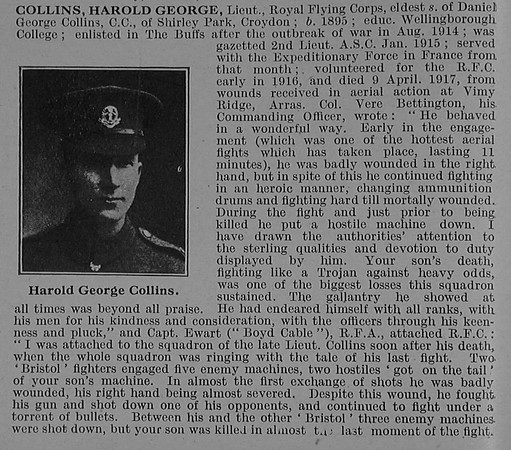 Collins H G Lt Royal Flying Corps Obit Part 1 De Ruvignys Roll Of Honour Vol 4