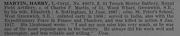 Martin H L/Cpl 49073 Royal Field Artillery Obit De Ruvignys Roll Of Honour Vol 4