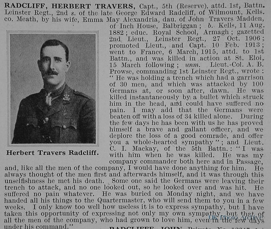 Radcliff H T Captain 1st Leinster Regiment Obit
