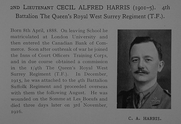 Harris C A 2nd Lt 4th Queens (Royal West Surrey Regiment) Obit Dulwich College Roll Of Honour