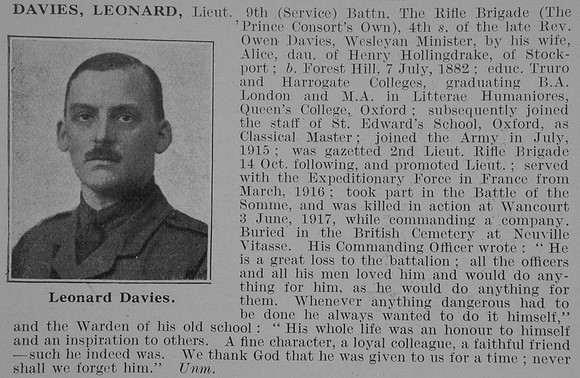 Davies L Lt 9th Rifle Brigade Obit De Ruvignys Roll Of Honour Vol 3