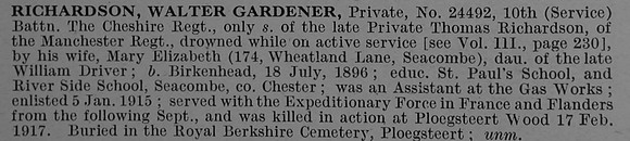 Richardson W G Pte 24492 10th Cheshire Regiment Obit De Ruvignys Roll Of Honour Vol 4