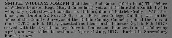 Smith W J 2nd Lt 2nd Leinster Regiment Obit De Ruvignys Roll Of Honour Vol 4