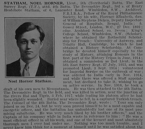 Statham N H Lt 5th East Surrey Regiment Attd 4th Devonshire Regiment Obit Part 1 De Ruvignys Roll Of Honour Vol 3
