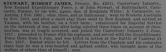 Stewart R J Pte 42825 3rd Canterbury Regiment, N.Z.E.F. Obit De Ruvignys Roll Of Honour Vol 4