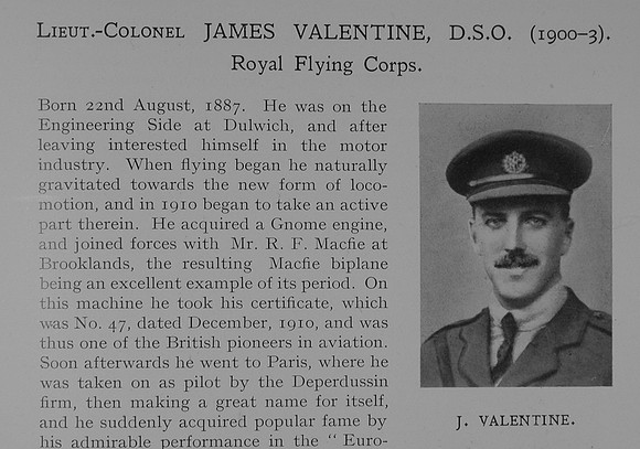 Valentine J Lt DSO Royal Flying Corps Obit Dulwich College Roll Of Honour