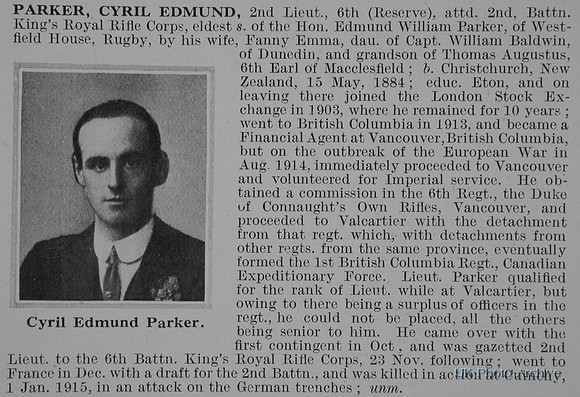 Parker C E 2nd Lt 2nd Kings Royal Rifle Corps Obit De Ruvignys Roll Of Honour Vol 1