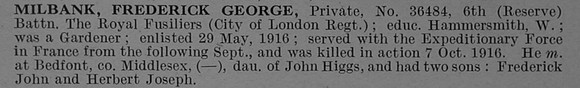 Milbank F G Pte 36484 6th Royal Fusiliers Short Obit De Ruvignys Roll Of Honour Vol 4