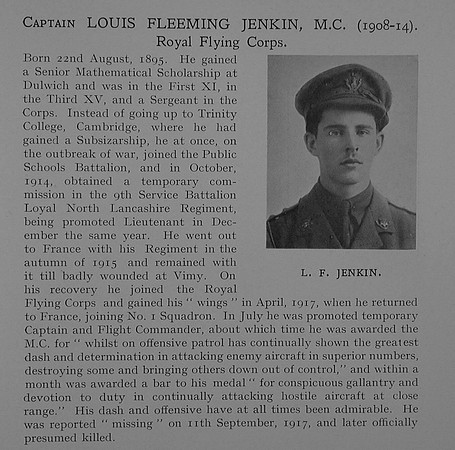 Jenkin L F Captain MC Royal Flying Corps Obit Dulwich College Roll Of Honour