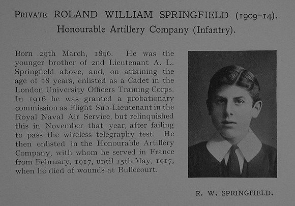 Springfield R W Pte 9820 2nd Honourable Artillery Company Obit Dulwich College Roll Of Honour