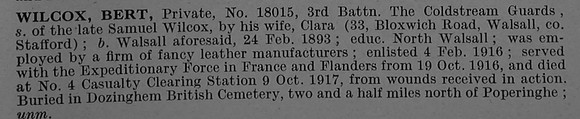 Wilcox B Pte 18015 3rd Coldstream Guards Obit De Ruvignys Roll Of Honour Vol 4