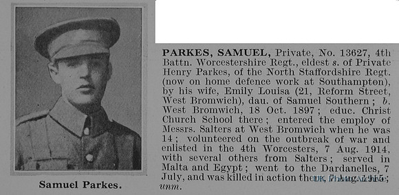 Parkes S Pte 13627 4th Worcestershire Regiment Obit De Ruvignys Roll Of Honour Vol 1