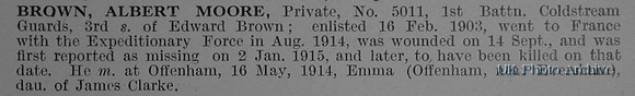 Brown A M Pte 5011 1st Coldstream Guards Short Obituary De Ruvignys Roll Of Honour Vol 1