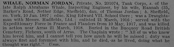 Whale N J Pte 201074 Tank Corps Obit De Ruvignys Roll Of Honour Vol 4