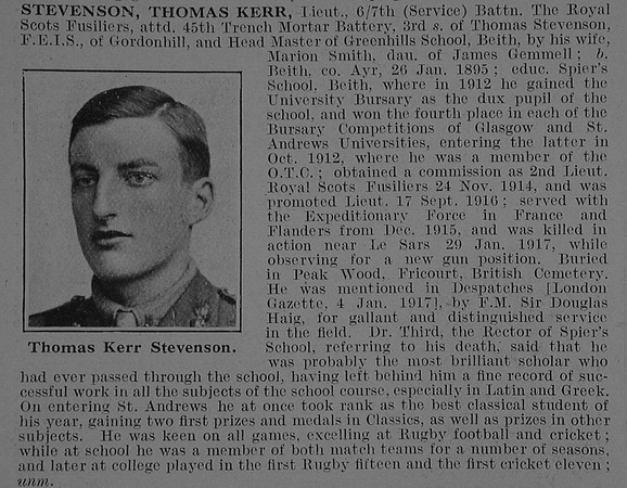 Stevenson T K Lt 7th Royal Scots Fusiliers Obit De Ruvignys Roll Of Honour Vol 3