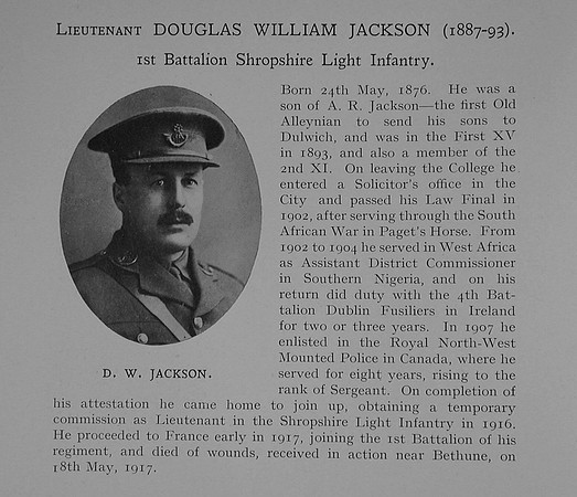 Jackson D W Lt 1st Shropshire Light Infantry Obit Dulwich College Roll Of Honour