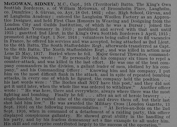 McGowan S Captain MC 5th Kings Own Scottish Borderers Obit De Ruvignys Roll Of Honour Vol 4