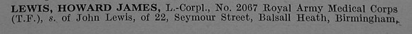 Lewis H J L/Cpl 2067 Royal Army Medical Corps Obit Part 1 De Ruvignys Roll Vol 4
