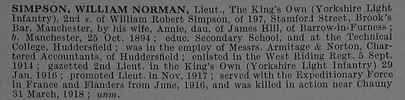Simpson W N Lt King's Own Yorkshire Light Infantry Obit De Ruvignys Roll Of Honour Vol 4