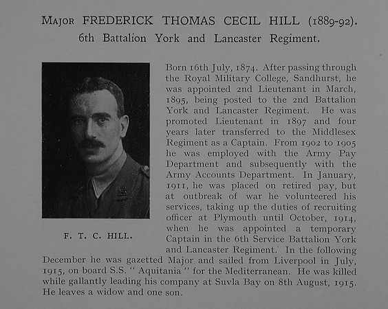 Hill F T C Major 6th York & Lancaster Regiment Obit Dulwich College Roll Of Honour
