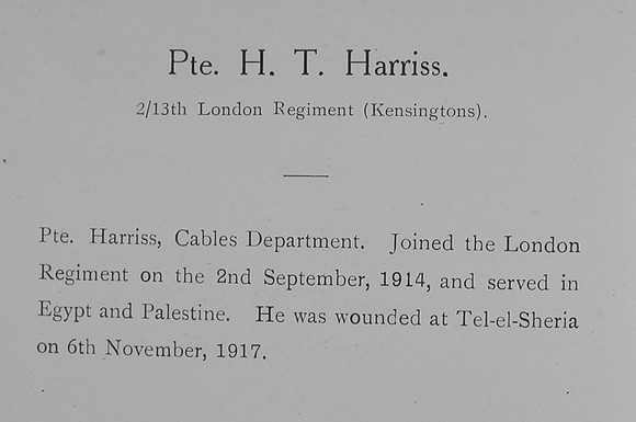 Harriss H T Pte 495681 13th London Regiment Record William Graham Company