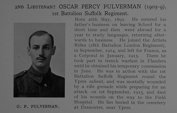 Pulverman O P 2nd Lt Suffolk Regiment Obit Dulwich College Roll Of Honour