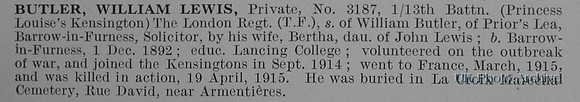 Butler W L Pte 3187 13th London Regiment (Kensington) Obituary De Ruvignys Roll Of Honour Vol 1
