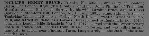 Phillips H B Pte 305411 3rd London Regiment (Royal Fusiliers) Obit De Ruvignys Roll Of Honour Vol 4