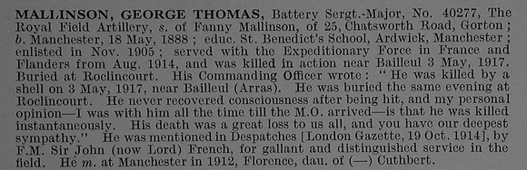 Mallinson G T Batt Sergt Major 40277 Royal Field Artillery Obit De Ruvignys Roll Of Honour Vol 4