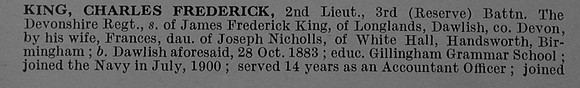 King C F 2nd Lt 3rd Devonshire Regiment Attd 9th The King's (Liverpool Regiment) Obit De Ruvignys Roll Of Honour Vol 4