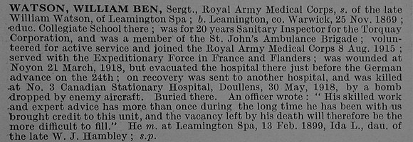 Watson W B Sergt 463008 Royal Army Medical Corps Obit De Ruvignys Roll Of Honour Vol 4