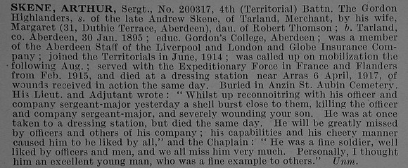 Skene A Sergt 200317 4th Gordon Highlanders Obit De Ruvignys Roll Of Honour Vol 4