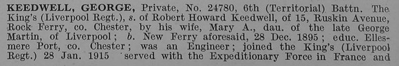 Keedwell G Pte 6th King's Liverpool Regiment Obit Part 1 De Ruvignys Roll Of Honour Vol 4
