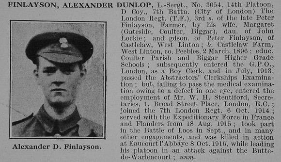 Finlayson A D L/Sergt 7th London Regiment Obit De Ruvignys Roll Of Honour Vol 3